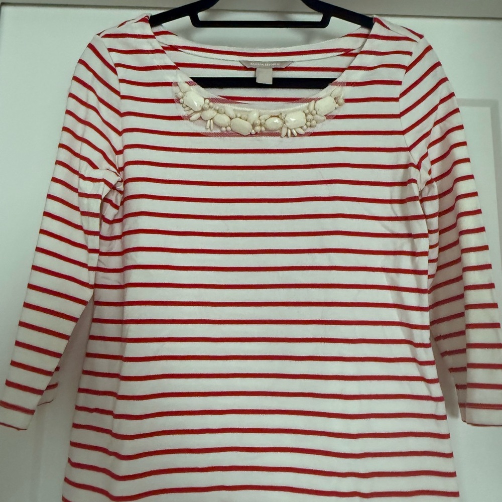 Red and White Striped Top with embellished Neckline